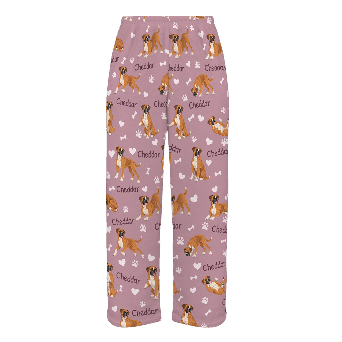 Personalized Boxer Pajama Pants, Custom Pet Name Fleece Trousers, Dog Lover Gift — 04 Dusty Rose — full-trouser view