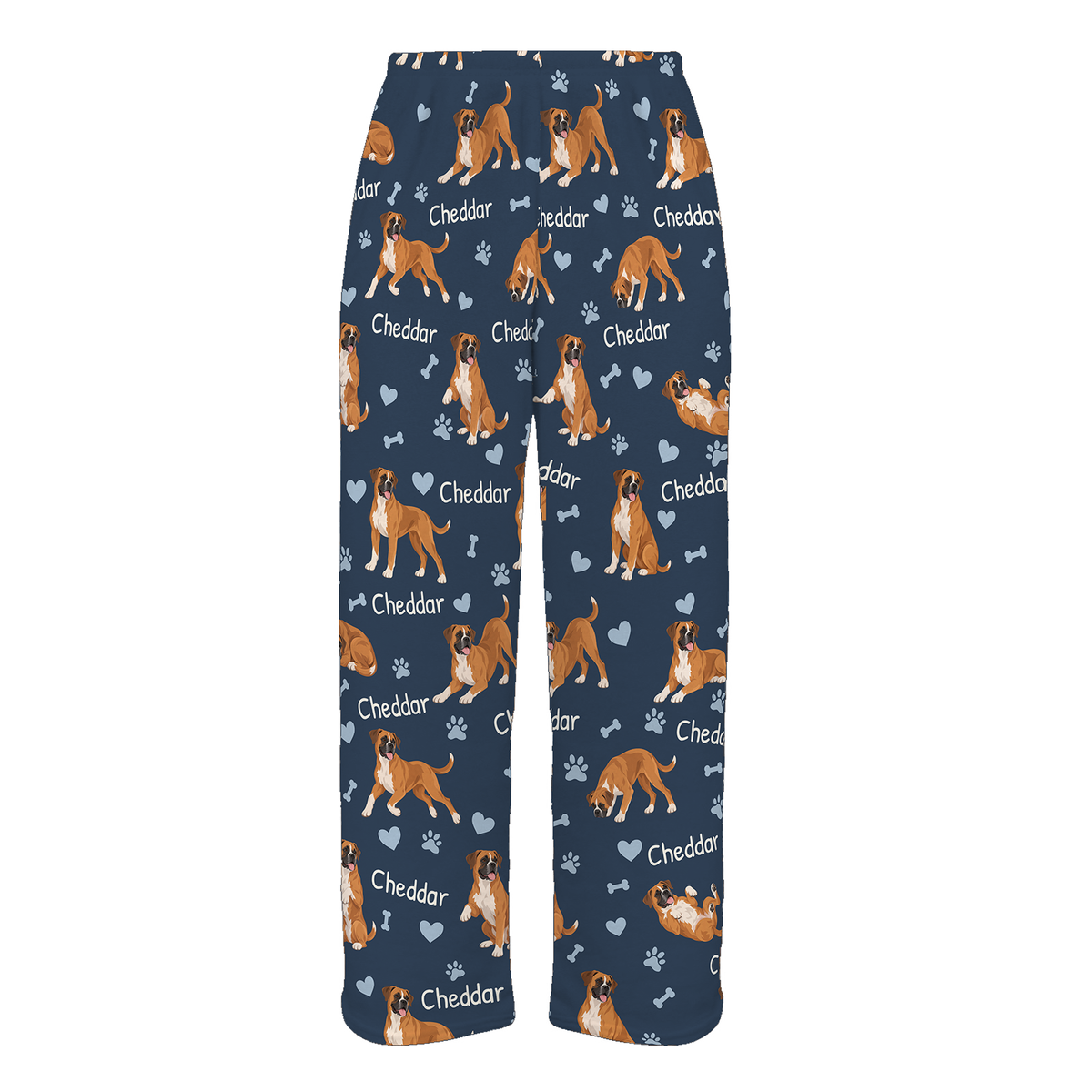 Personalized Boxer Pajama Pants, Custom Pet Name Fleece Trousers, Dog Lover Gift — 05 Deep Navy — full-trouser view
