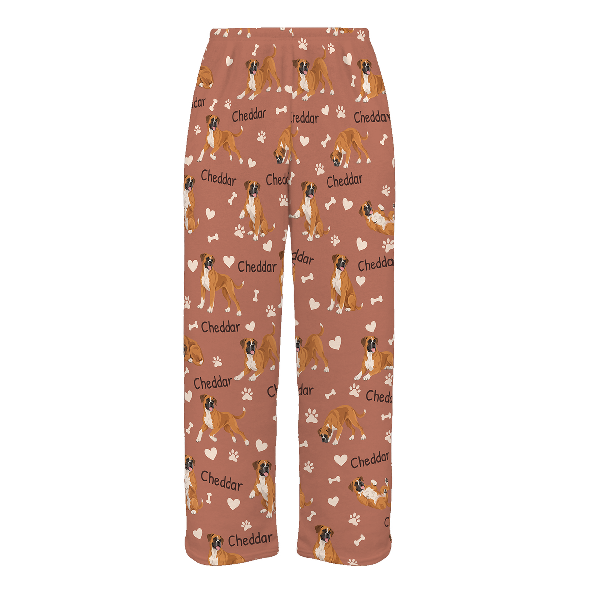 Personalized Boxer Pajama Pants, Custom Pet Name Fleece Trousers, Dog Lover Gift — 06 Muted Terracotta — full-trouser view