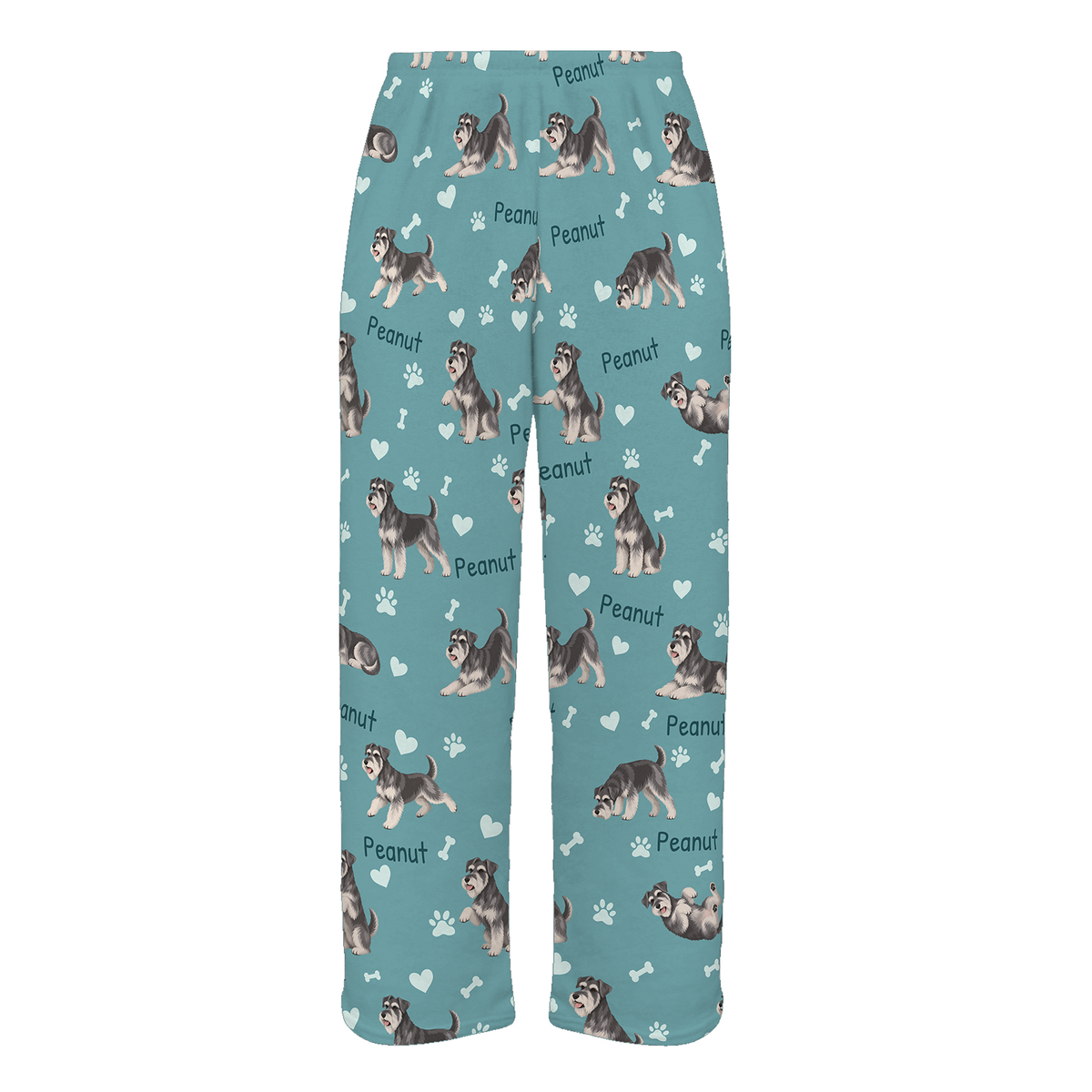Personalized Miniature Schnauzer Pajama Pants, Custom Pet Name Fleece Trousers, Dog Lover Gift — 01 Muted Teal — full-trouser view