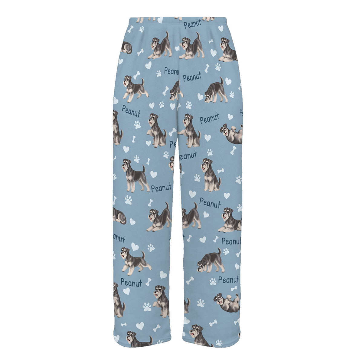 Personalized Miniature Schnauzer Pajama Pants, Custom Pet Name Fleece Trousers, Dog Lover Gift — 02 Dusty Blue — full-trouser view