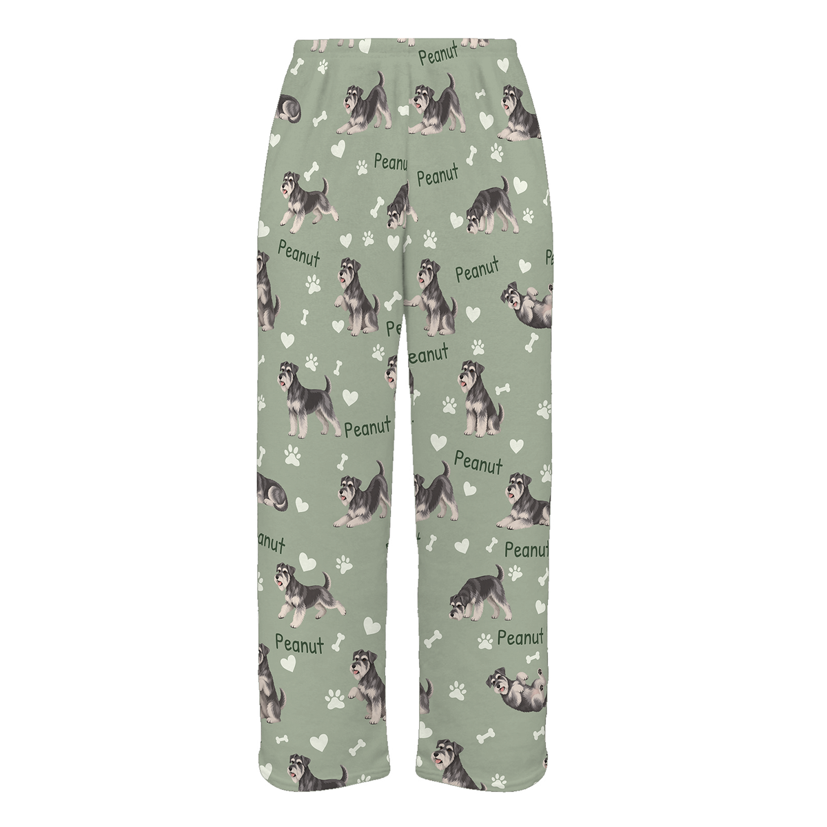 Personalized Miniature Schnauzer Pajama Pants, Custom Pet Name Fleece Trousers, Dog Lover Gift — 03 Soft Sage — full-trouser view