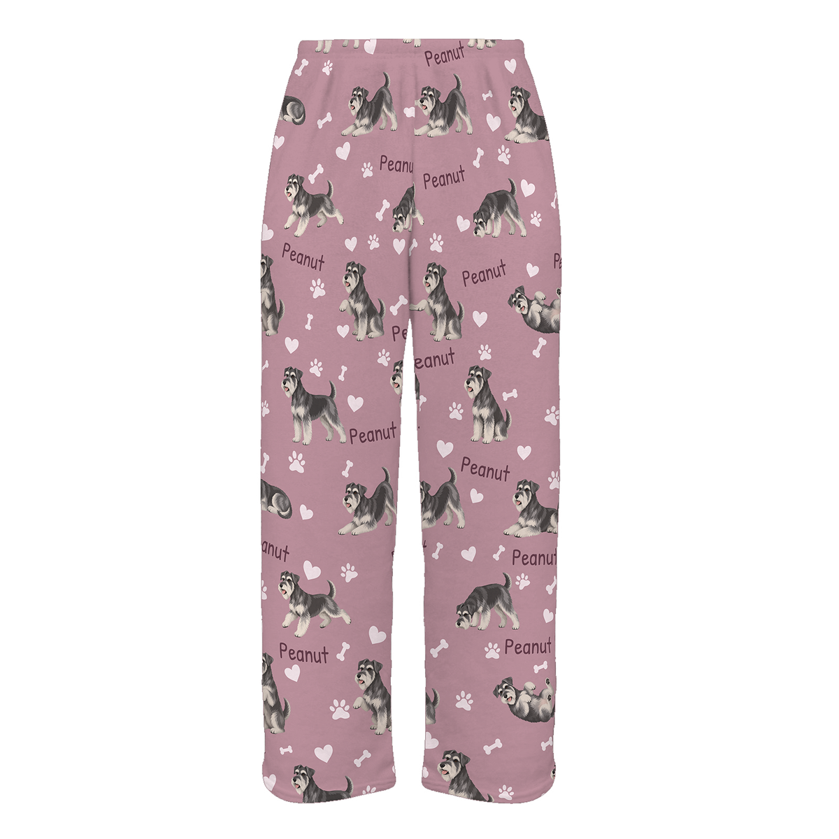 Personalized Miniature Schnauzer Pajama Pants, Custom Pet Name Fleece Trousers, Dog Lover Gift — 04 Dusty Rose — full-trouser view