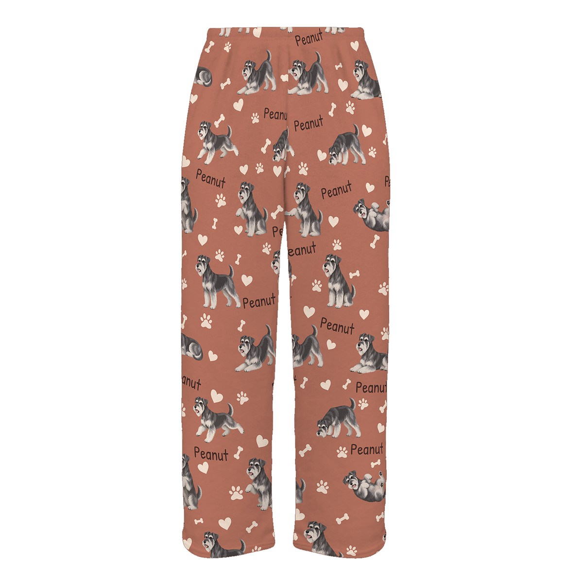 Personalized Miniature Schnauzer Pajama Pants, Custom Pet Name Fleece Trousers, Dog Lover Gift — 06 Muted Terracotta — full-trouser view
