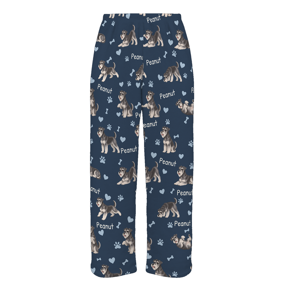 Personalized Miniature Schnauzer Pajama Pants, Custom Pet Name Fleece Trousers, Dog Lover Gift — As shown — full-trouser view