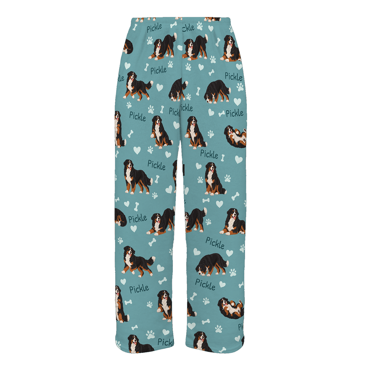Personalized Bernese Mountain Dog Pajama Pants, Custom Pet Name Fleece Trousers, Dog Lover Gift — 01 Muted Teal — full-trouser view