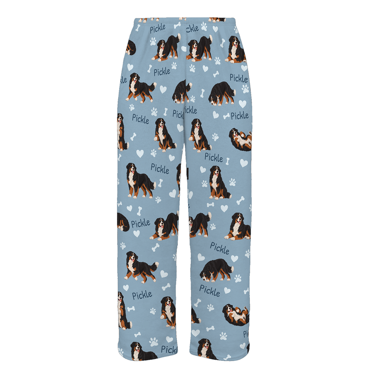 Personalized Bernese Mountain Dog Pajama Pants, Custom Pet Name Fleece Trousers, Dog Lover Gift — 02 Dusty Blue — full-trouser view
