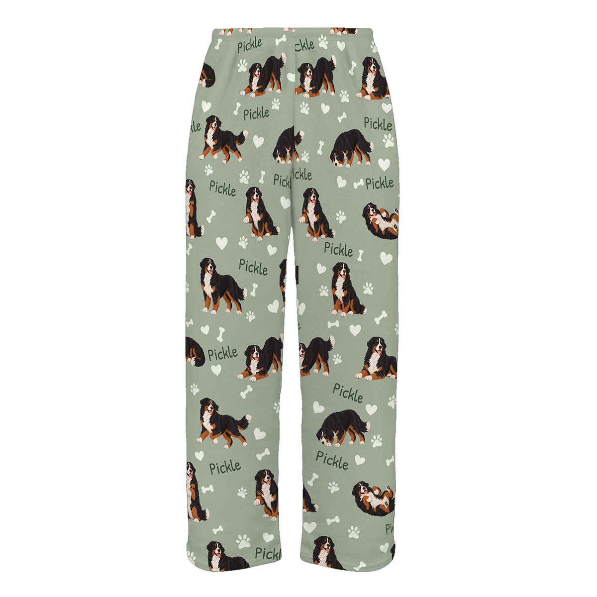 Personalized Bernese Mountain Dog Pajama Pants, Custom Pet Name Fleece Trousers, Dog Lover Gift — 03 Soft Sage — full-trouser view