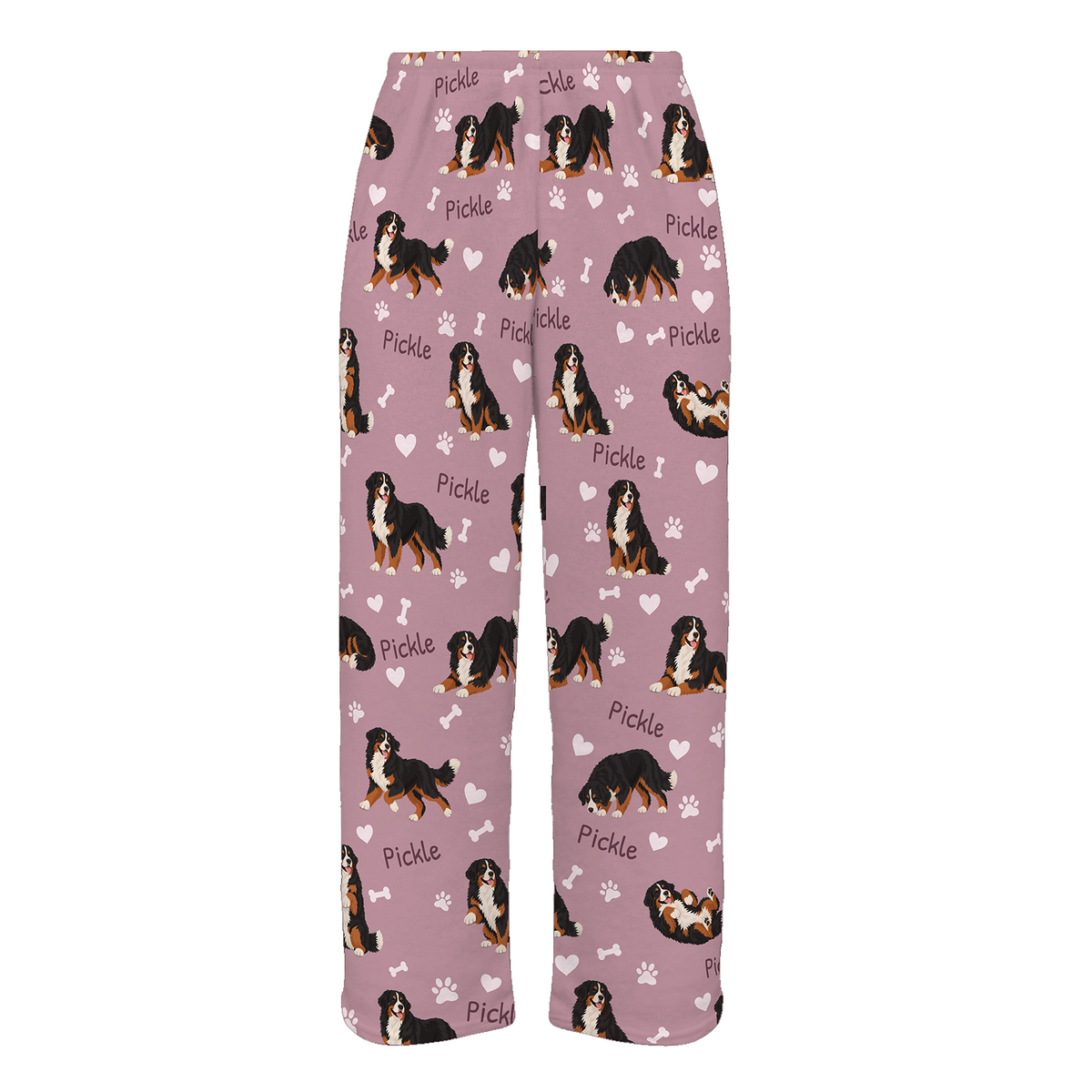 Personalized Bernese Mountain Dog Pajama Pants, Custom Pet Name Fleece Trousers, Dog Lover Gift — 04 Dusty Rose — full-trouser view