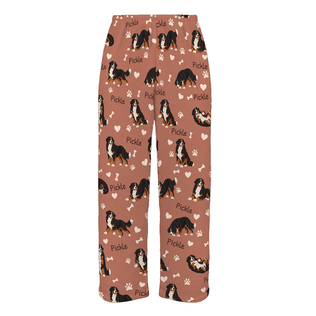 Personalized Bernese Mountain Dog Pajama Pants, Custom Pet Name Fleece Trousers, Dog Lover Gift — 06 Muted Terracotta — full-trouser view