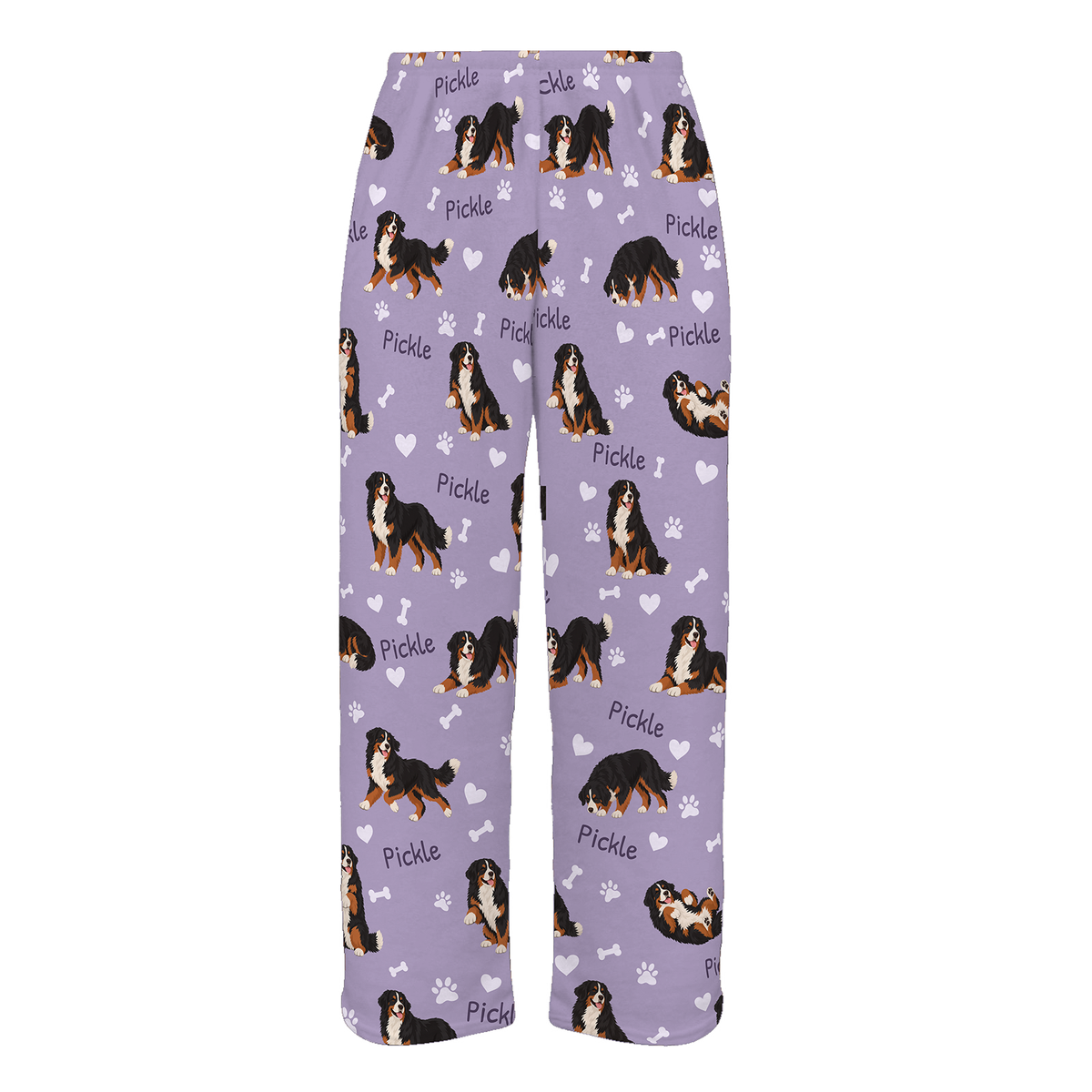 Personalized Bernese Mountain Dog Pajama Pants, Custom Pet Name Fleece Trousers, Dog Lover Gift — As shown — full-trouser view