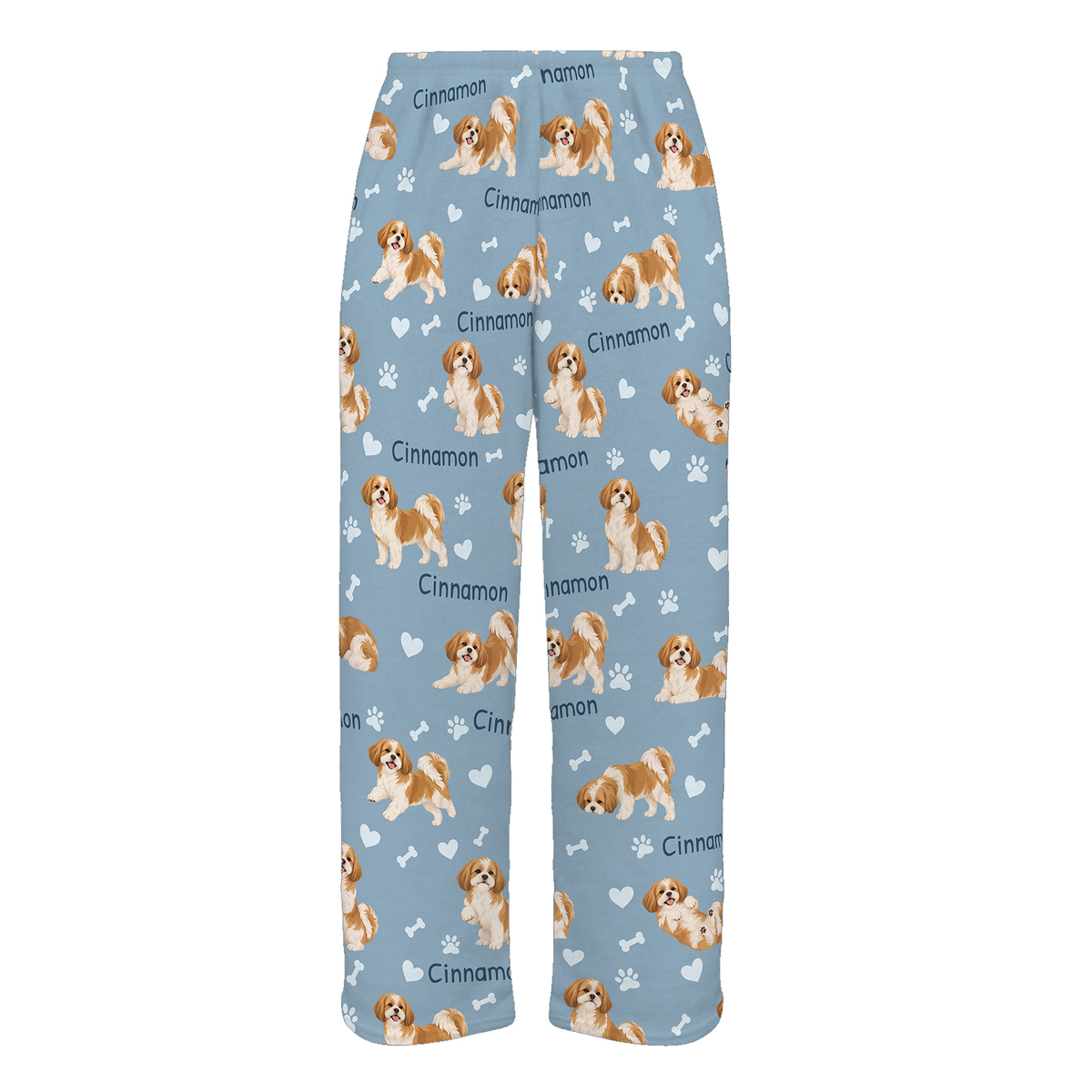 Personalized Shih Tzu Pajama Pants, Custom Pet Name Fleece Trousers, Dog Lover Gift — 02 Dusty Blue — full-trouser view