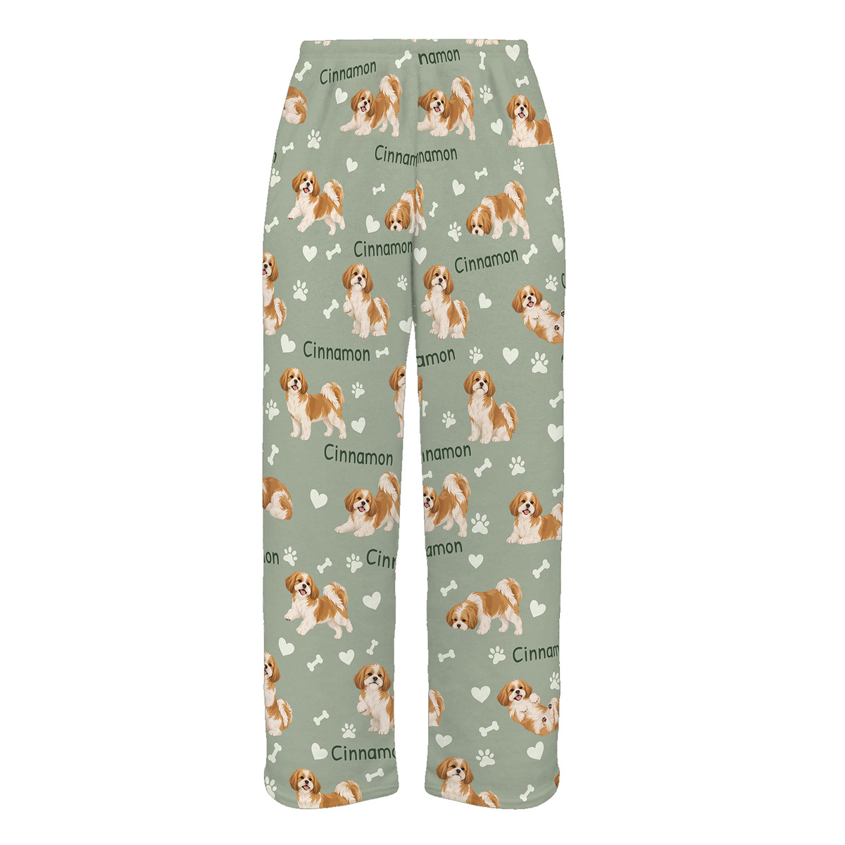 Personalized Shih Tzu Pajama Pants, Custom Pet Name Fleece Trousers, Dog Lover Gift — 03 Soft Sage — full-trouser view