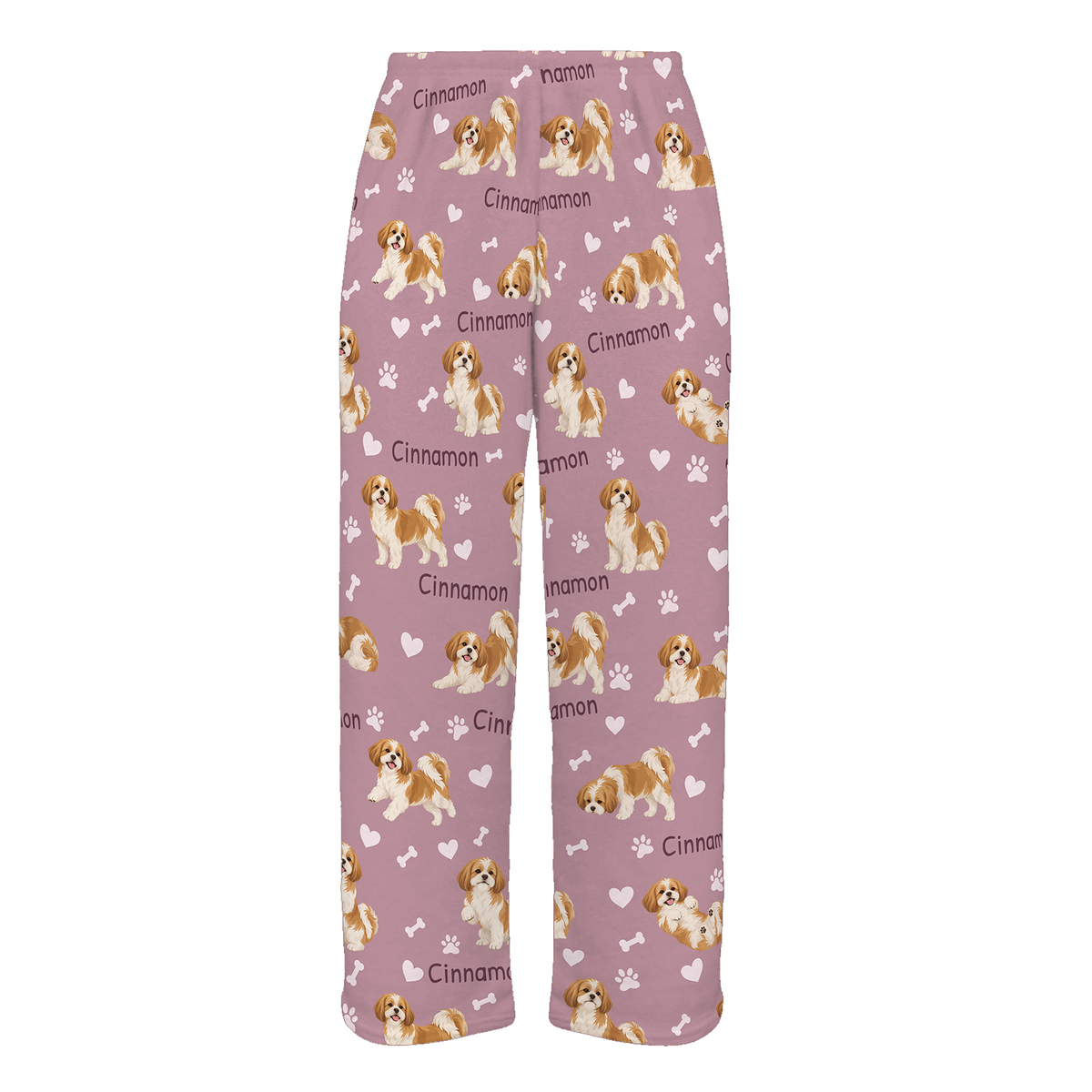 Personalized Shih Tzu Pajama Pants, Custom Pet Name Fleece Trousers, Dog Lover Gift — 04 Dusty Rose — full-trouser view