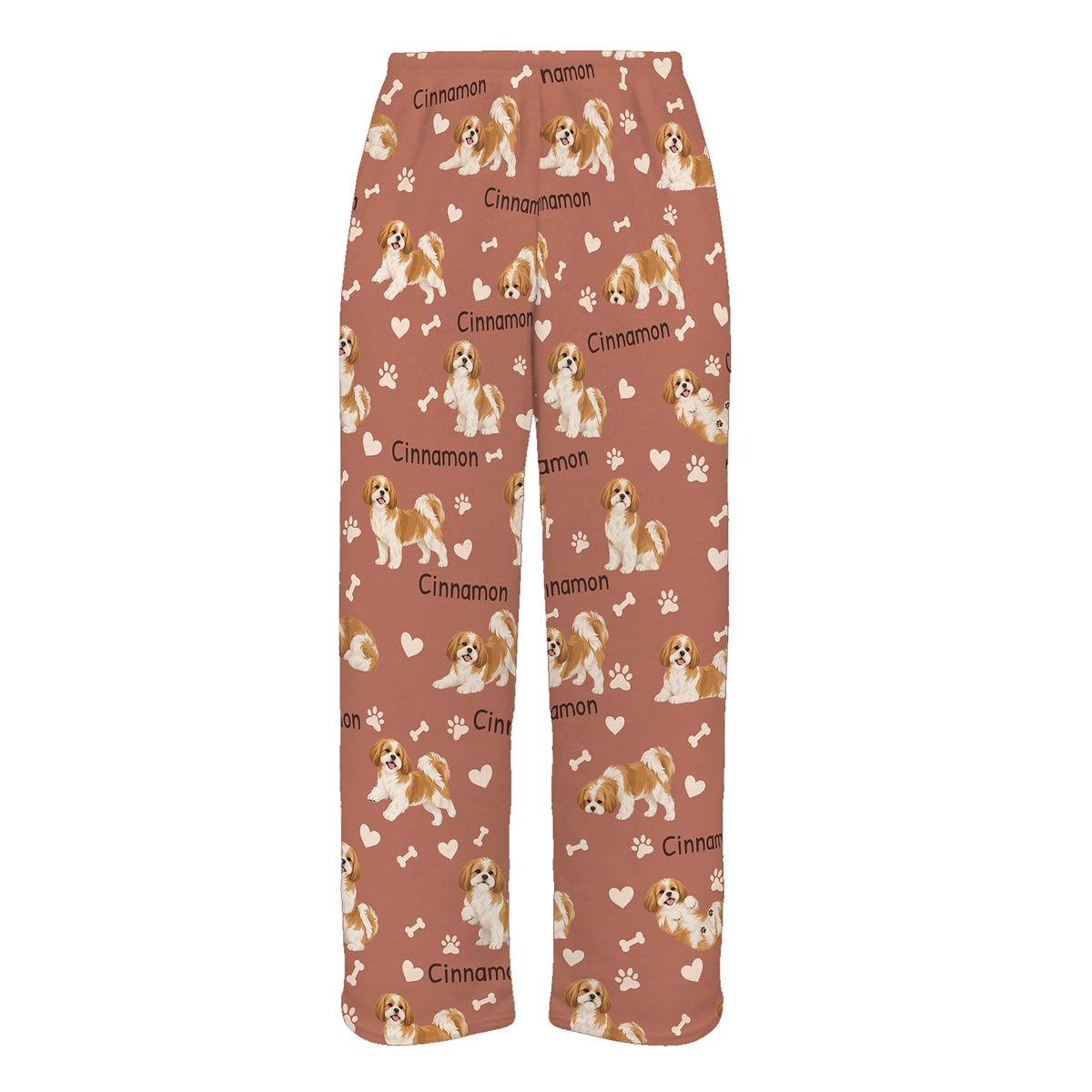 Personalized Shih Tzu Pajama Pants, Custom Pet Name Fleece Trousers, Dog Lover Gift — 06 Muted Terracotta — full-trouser view