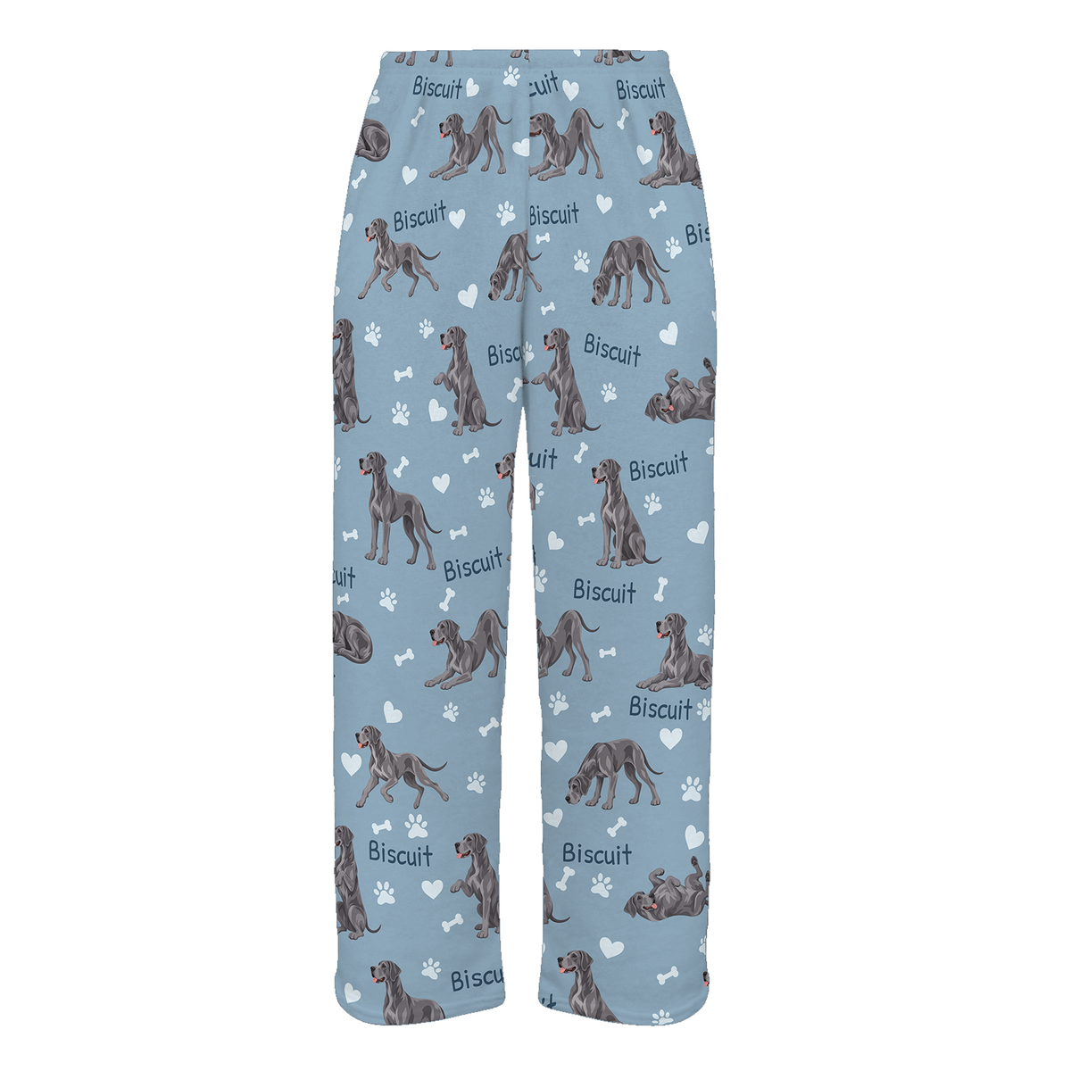 Personalized Great Dane Pajama Pants, Custom Pet Name Fleece Trousers, Dog Lover Gift — 02 Dusty Blue — full-trouser view