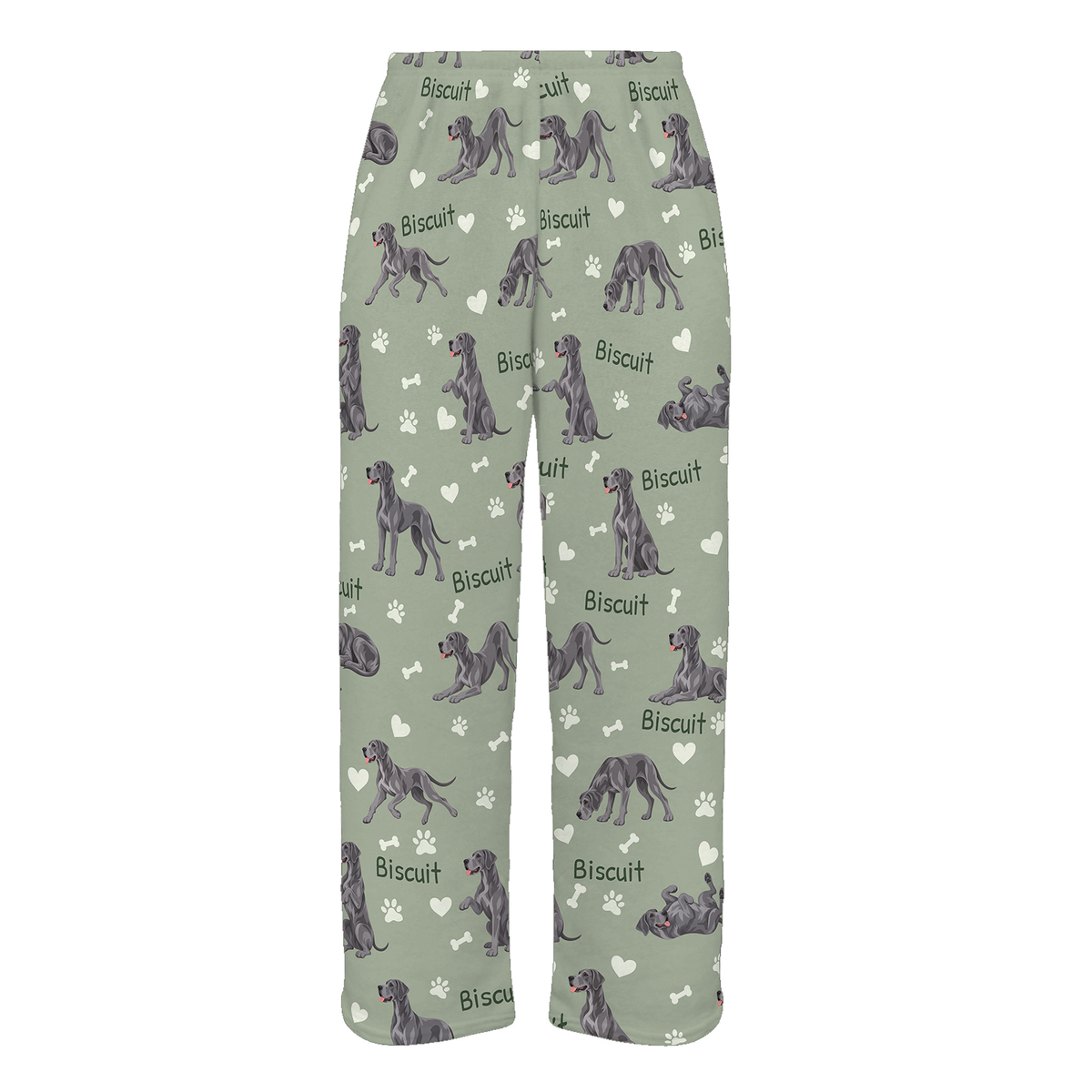 Personalized Great Dane Pajama Pants, Custom Pet Name Fleece Trousers, Dog Lover Gift — 03 Soft Sage — full-trouser view