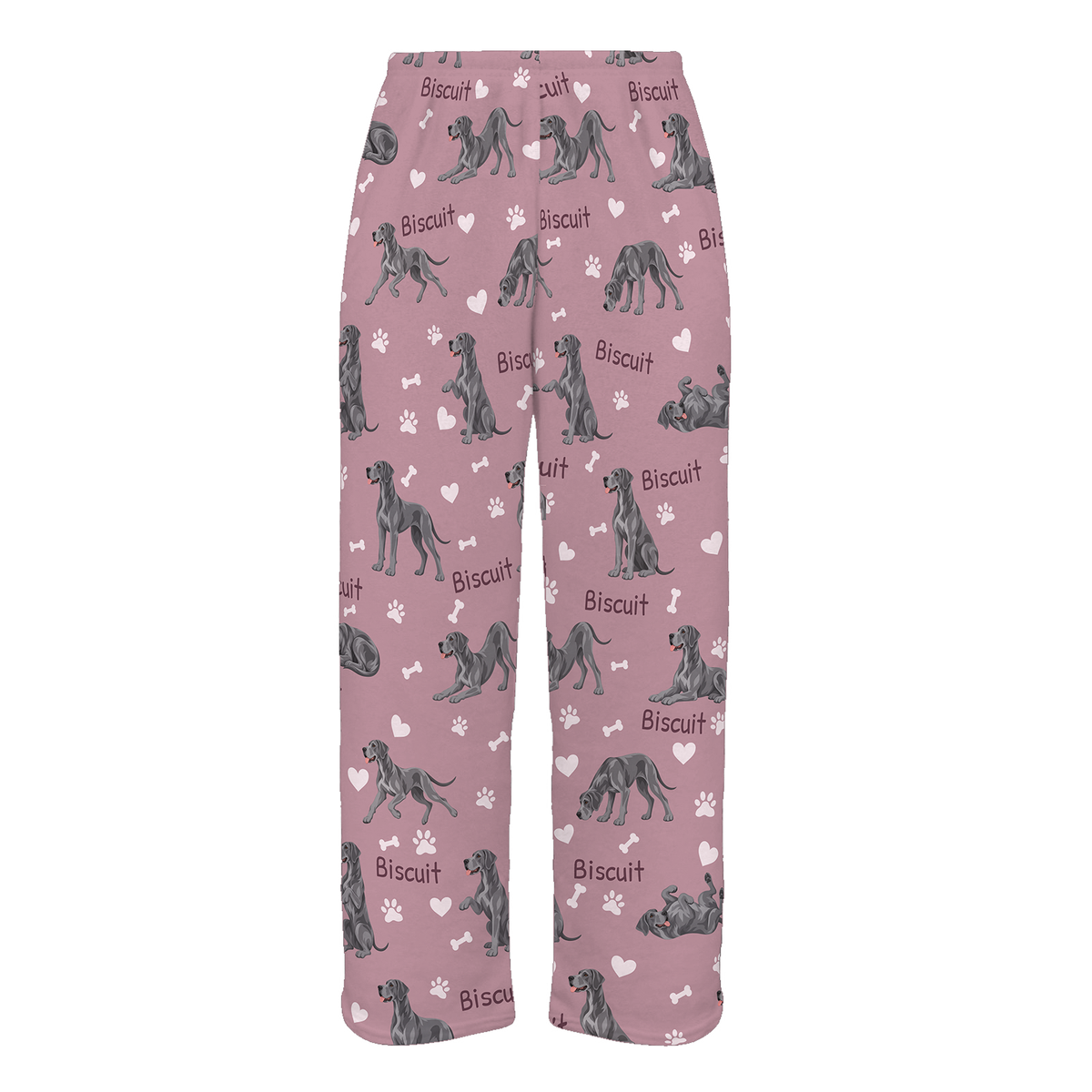 Personalized Great Dane Pajama Pants, Custom Pet Name Fleece Trousers, Dog Lover Gift — 04 Dusty Rose — full-trouser view