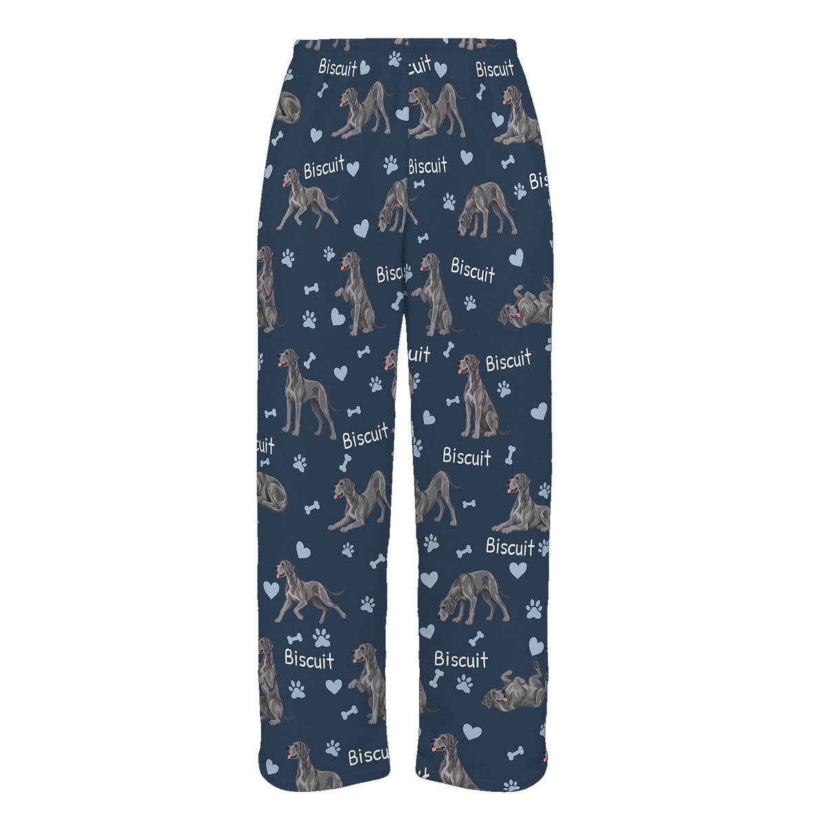 Personalized Great Dane Pajama Pants, Custom Pet Name Fleece Trousers, Dog Lover Gift — 05 Deep Navy — full-trouser view