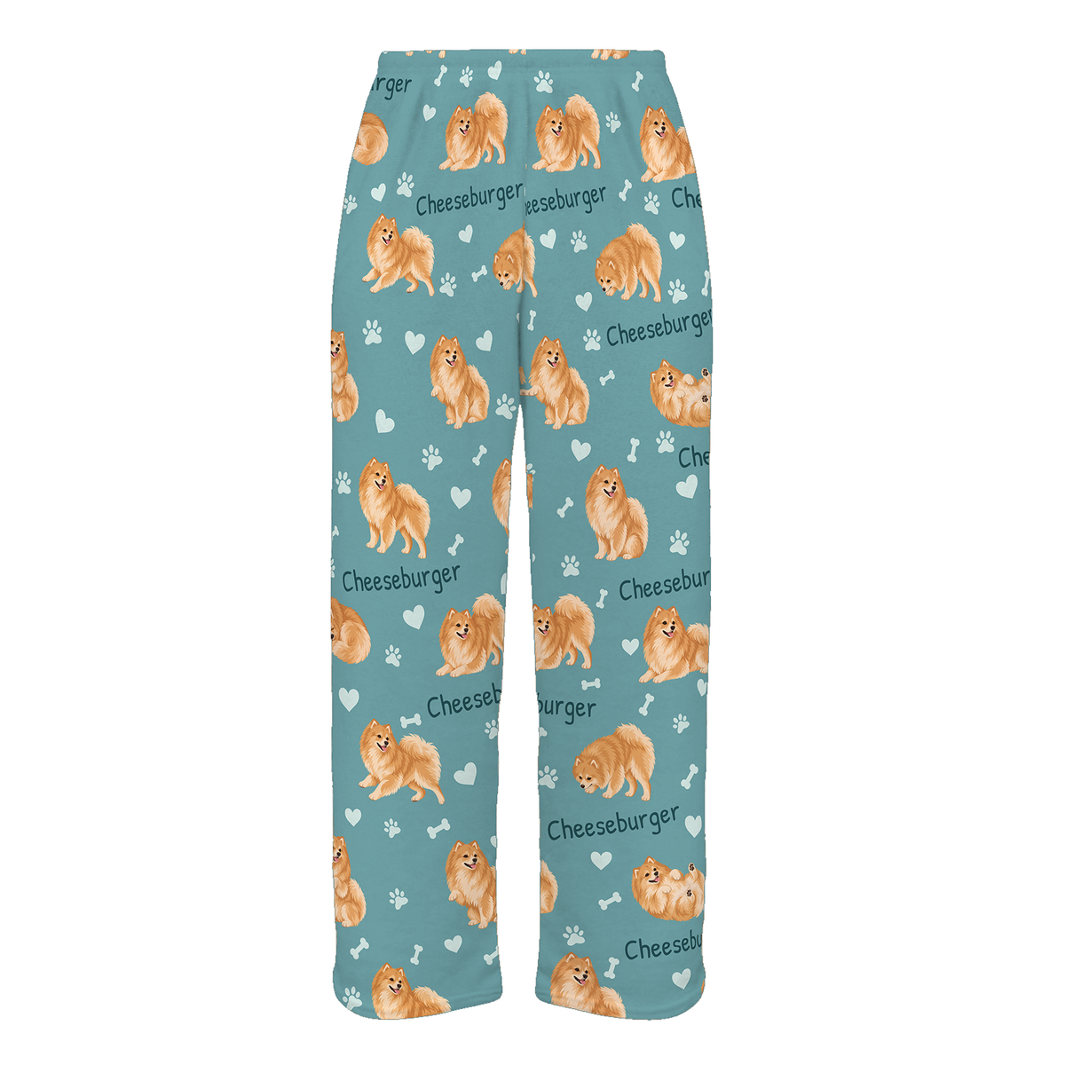Personalized Pomeranian Pajama Pants, Custom Pet Name Fleece Trousers, Dog Lover Gift — 01 Muted Teal — full-trouser view