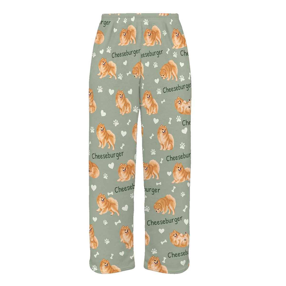 Personalized Pomeranian Pajama Pants, Custom Pet Name Fleece Trousers, Dog Lover Gift — 03 Soft Sage — full-trouser view