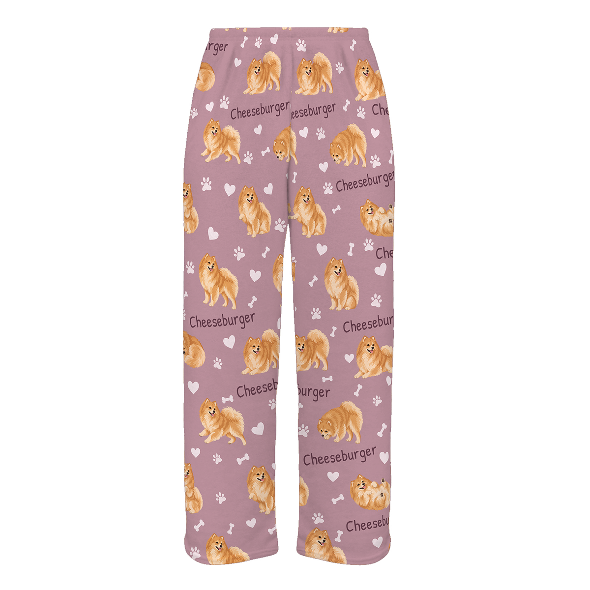 Personalized Pomeranian Pajama Pants, Custom Pet Name Fleece Trousers, Dog Lover Gift — 04 Dusty Rose — full-trouser view