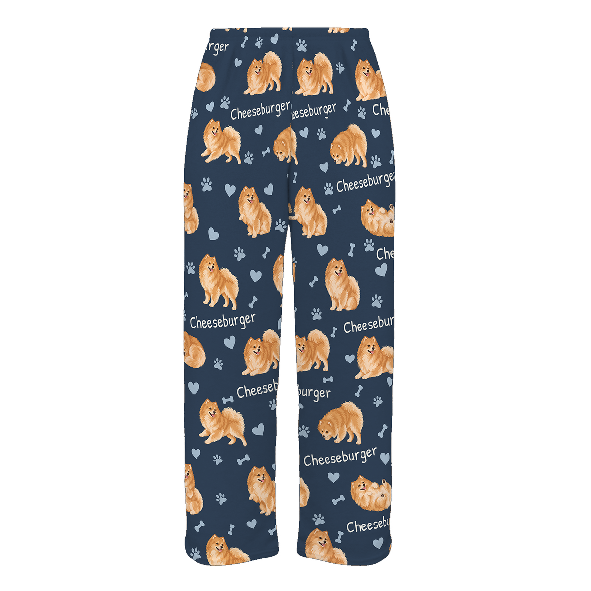 Personalized Pomeranian Pajama Pants, Custom Pet Name Fleece Trousers, Dog Lover Gift — 05 Deep Navy — full-trouser view