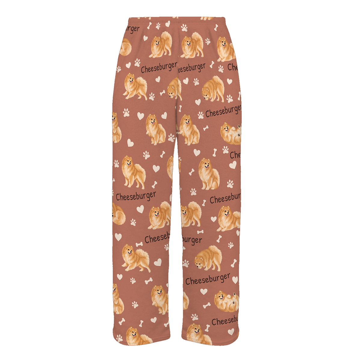 Personalized Pomeranian Pajama Pants, Custom Pet Name Fleece Trousers, Dog Lover Gift — 06 Muted Terracotta — full-trouser view