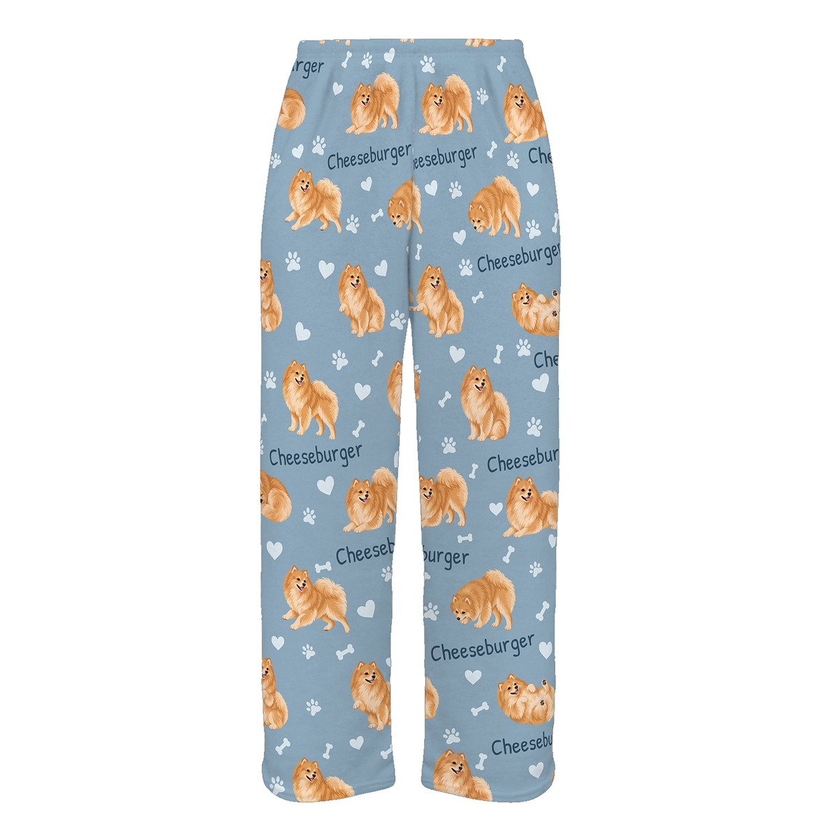 Personalized Pomeranian Pajama Pants, Custom Pet Name Fleece Trousers, Dog Lover Gift — As shown — full-trouser view