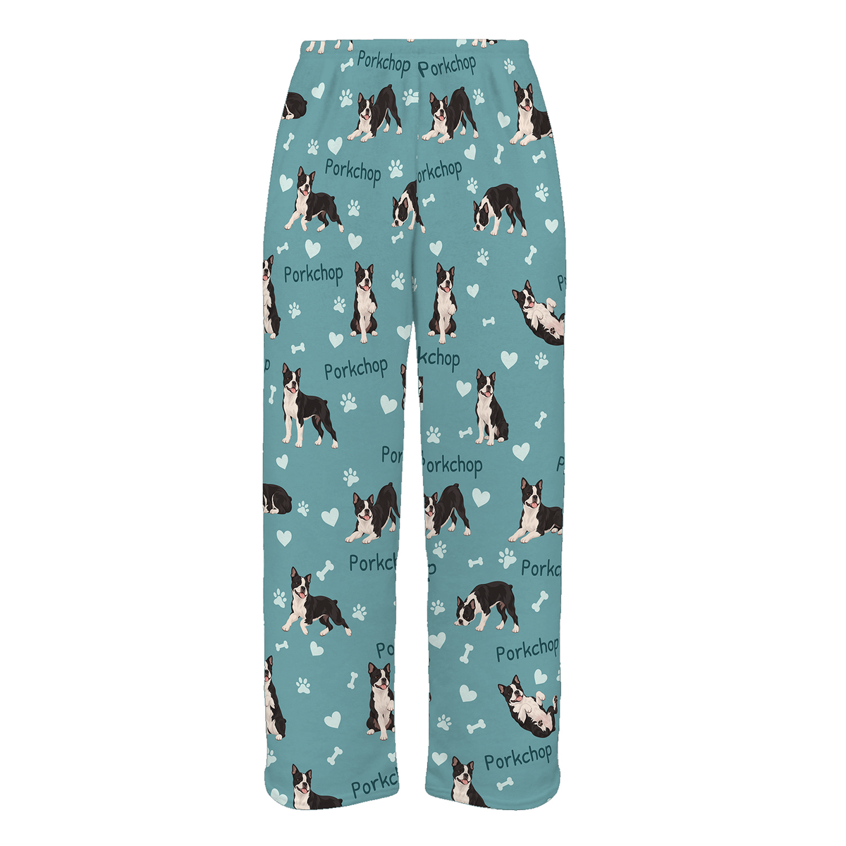 Personalized Boston Terrier Pajama Pants, Custom Pet Name Fleece Trousers, Dog Lover Gift — 01 Muted Teal — full-trouser view