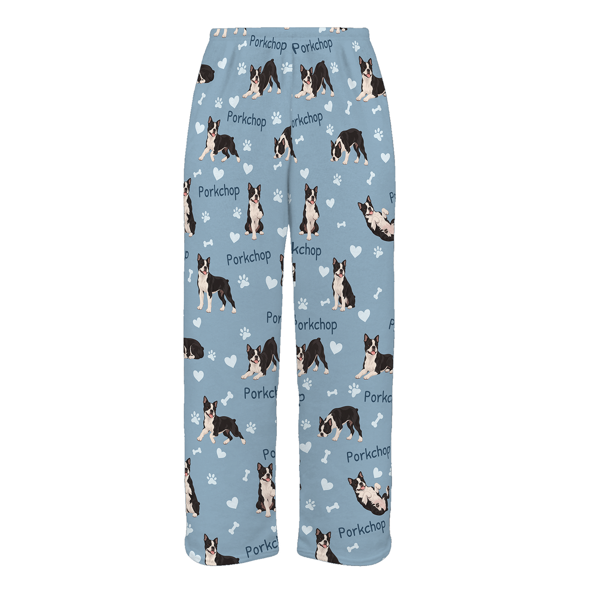 Personalized Boston Terrier Pajama Pants, Custom Pet Name Fleece Trousers, Dog Lover Gift — 02 Dusty Blue — full-trouser view