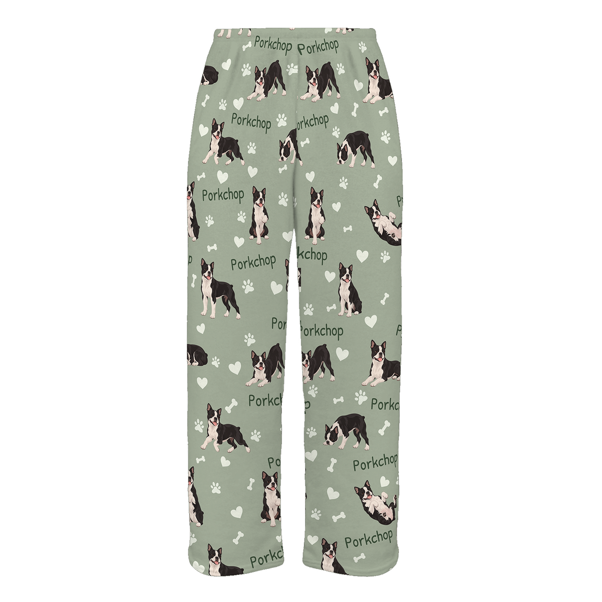Personalized Boston Terrier Pajama Pants, Custom Pet Name Fleece Trousers, Dog Lover Gift — 03 Soft Sage — full-trouser view