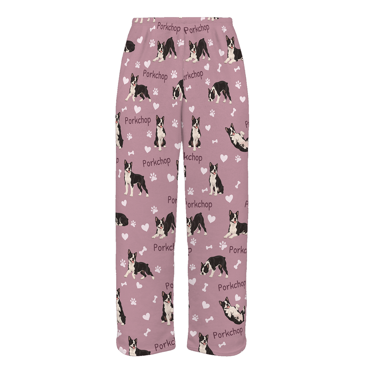 Personalized Boston Terrier Pajama Pants, Custom Pet Name Fleece Trousers, Dog Lover Gift — 04 Dusty Rose — full-trouser view