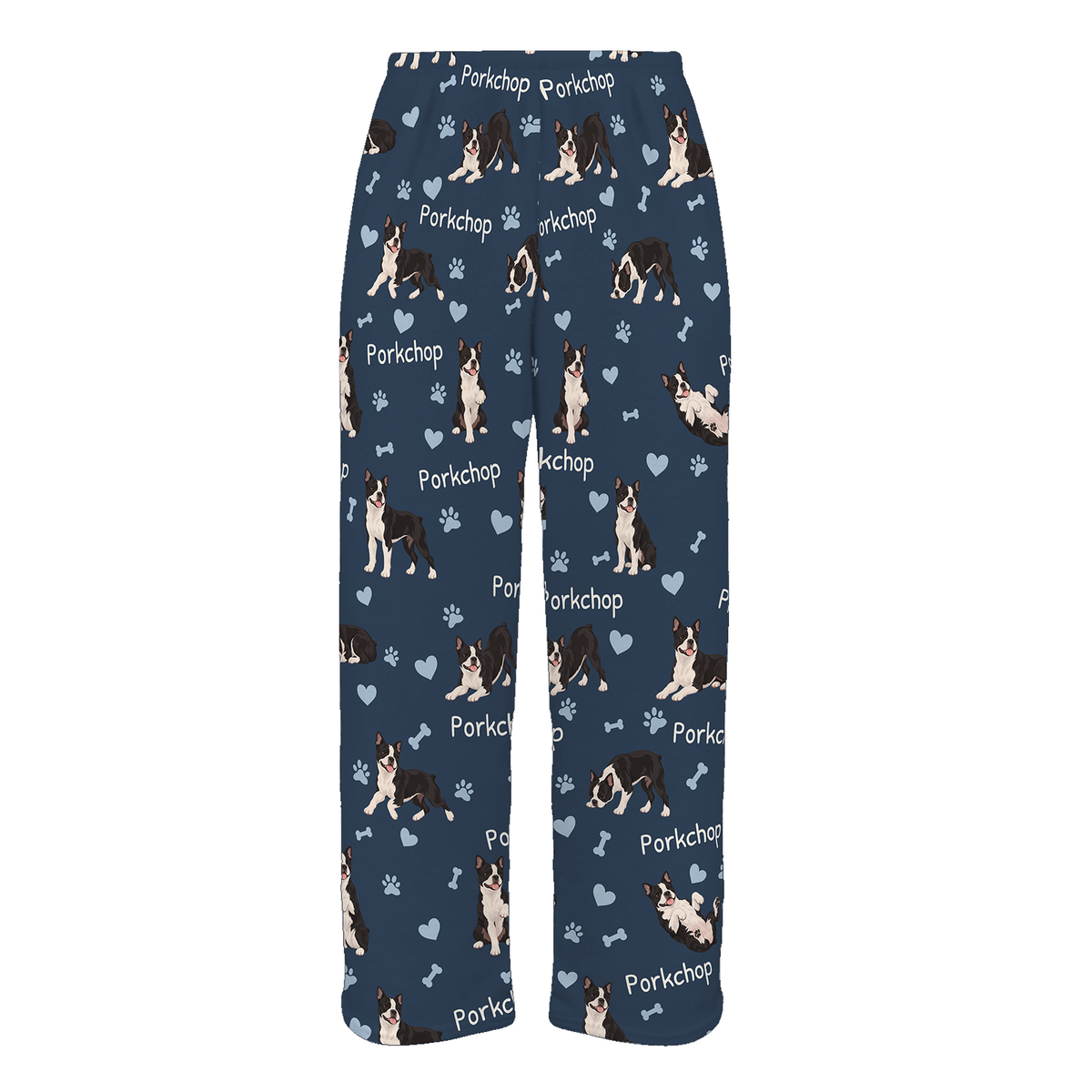 Personalized Boston Terrier Pajama Pants, Custom Pet Name Fleece Trousers, Dog Lover Gift — 05 Deep Navy — full-trouser view