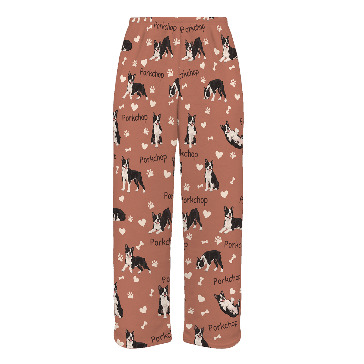 Personalized Boston Terrier Pajama Pants, Custom Pet Name Fleece Trousers, Dog Lover Gift — As shown — full-trouser view