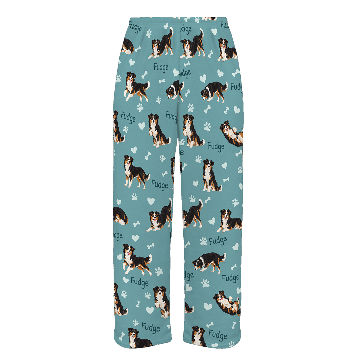 Personalized Miniature American Shepherd Pajama Pants, Custom Pet Name Fleece Trousers, Dog Lover Gift — 01 Muted Teal — full-trouser view