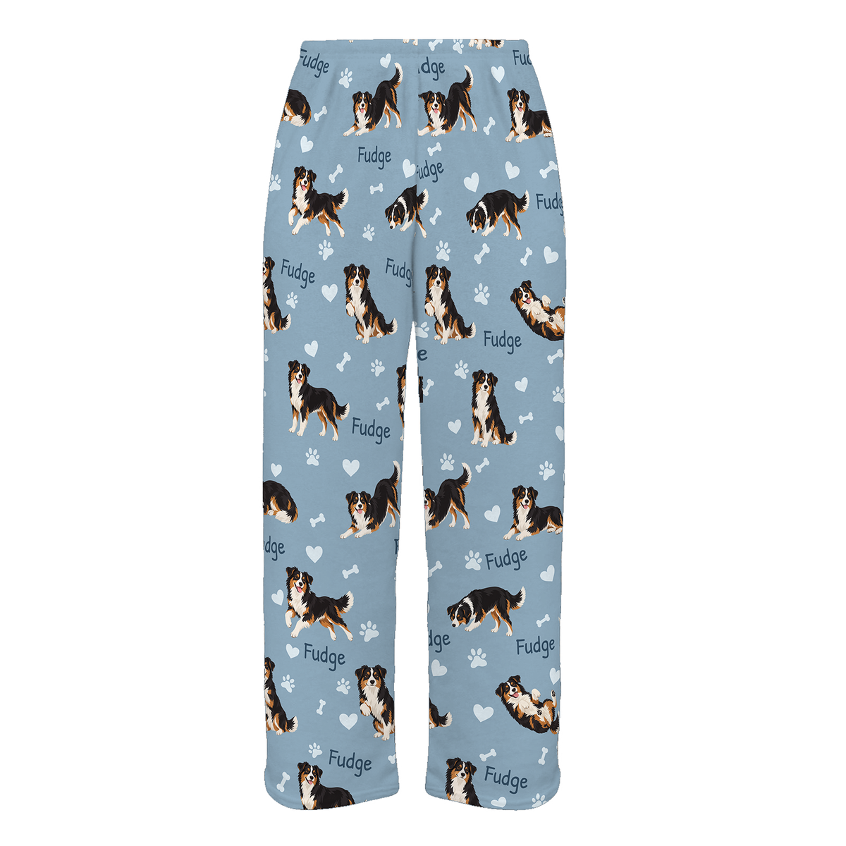 Personalized Miniature American Shepherd Pajama Pants, Custom Pet Name Fleece Trousers, Dog Lover Gift — 02 Dusty Blue — full-trouser view