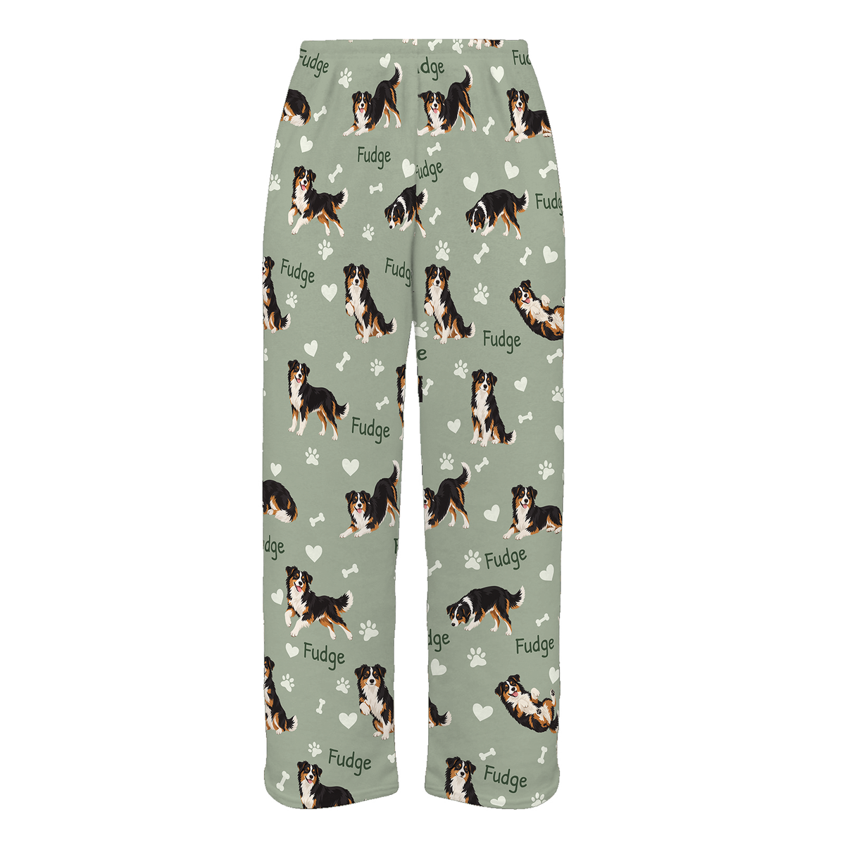 Personalized Miniature American Shepherd Pajama Pants, Custom Pet Name Fleece Trousers, Dog Lover Gift — 03 Soft Sage — full-trouser view