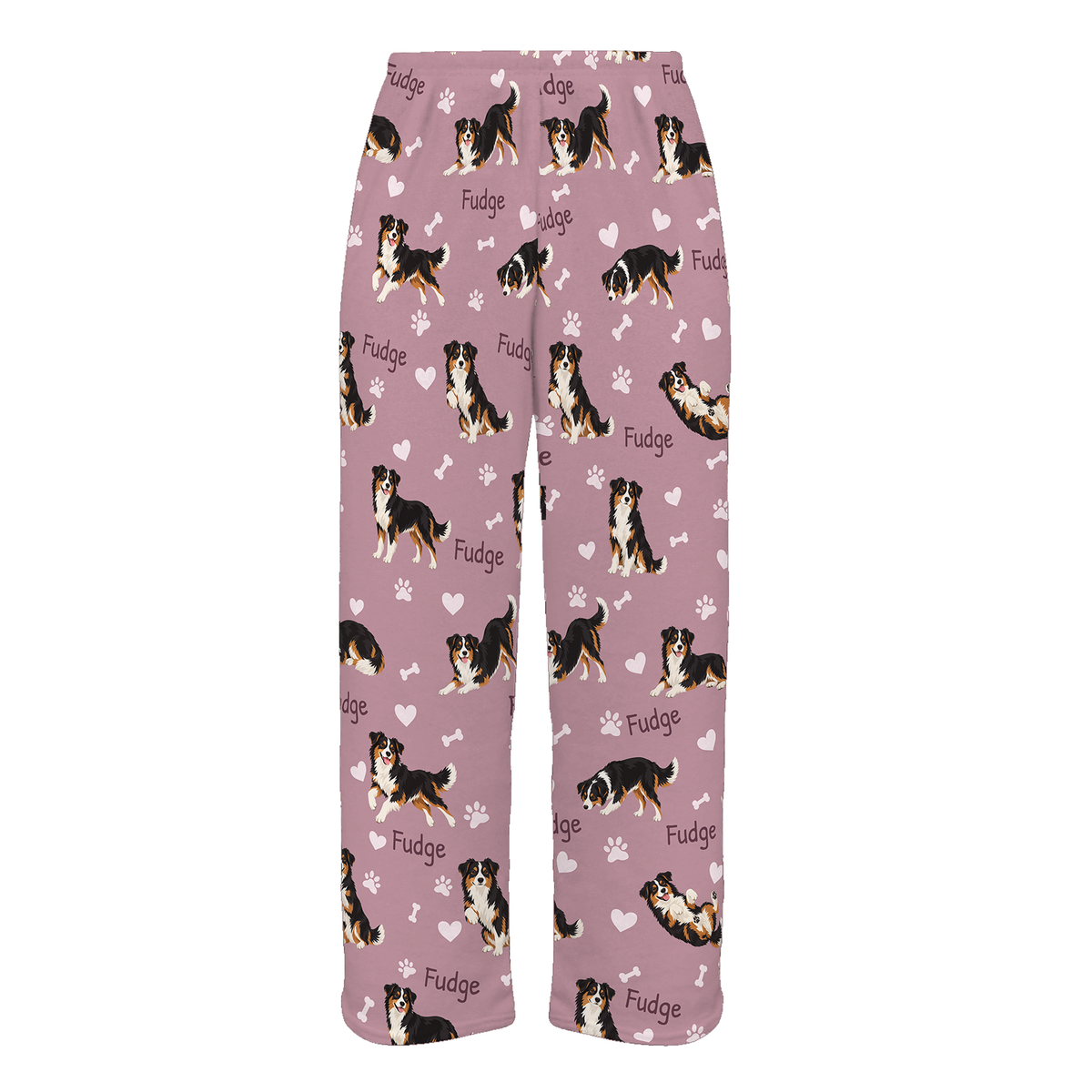 Personalized Miniature American Shepherd Pajama Pants, Custom Pet Name Fleece Trousers, Dog Lover Gift — 04 Dusty Rose — full-trouser view
