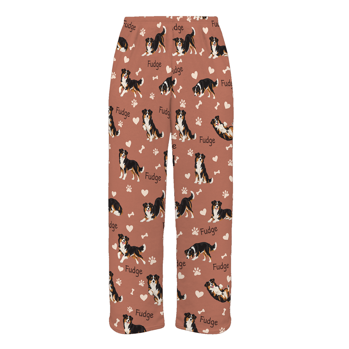 Personalized Miniature American Shepherd Pajama Pants, Custom Pet Name Fleece Trousers, Dog Lover Gift — 06 Muted Terracotta — full-trouser view