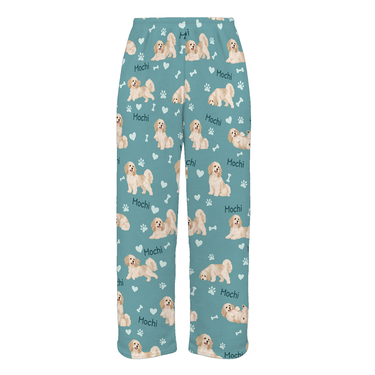 Personalized Havanese Pajama Pants, Custom Pet Name Fleece Trousers, Dog Lover Gift — 01 Muted Teal — full-trouser view
