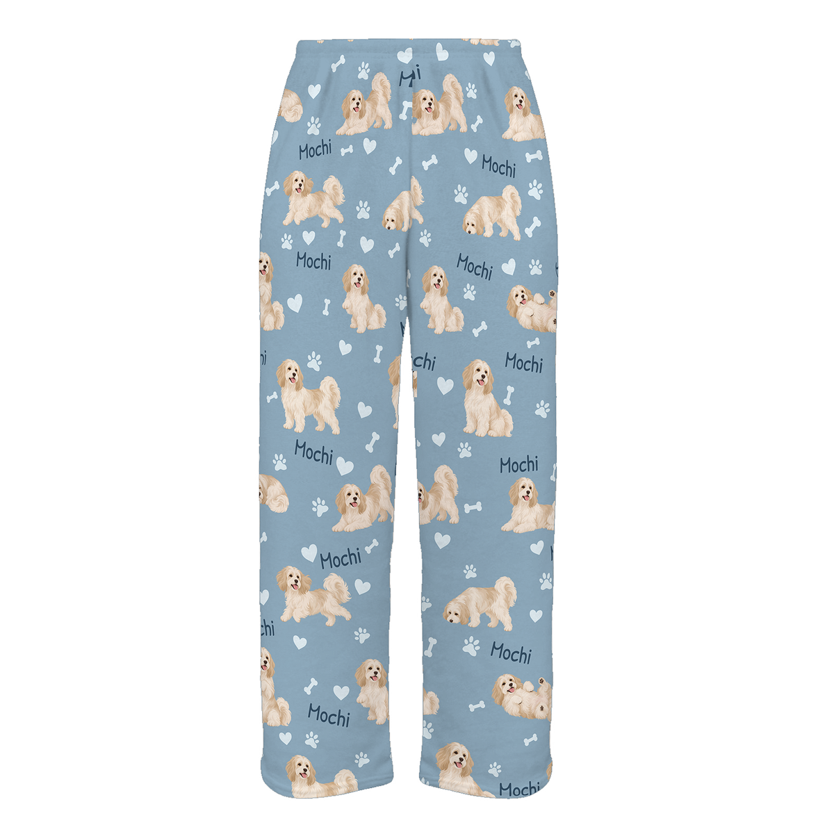 Personalized Havanese Pajama Pants, Custom Pet Name Fleece Trousers, Dog Lover Gift — 02 Dusty Blue — full-trouser view