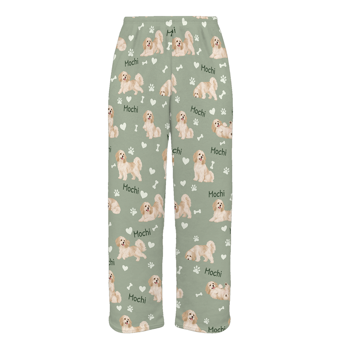 Personalized Havanese Pajama Pants, Custom Pet Name Fleece Trousers, Dog Lover Gift — 03 Soft Sage — full-trouser view