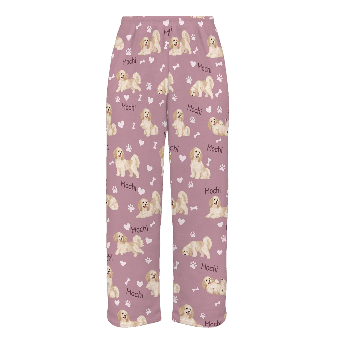 Personalized Havanese Pajama Pants, Custom Pet Name Fleece Trousers, Dog Lover Gift — 04 Dusty Rose — full-trouser view