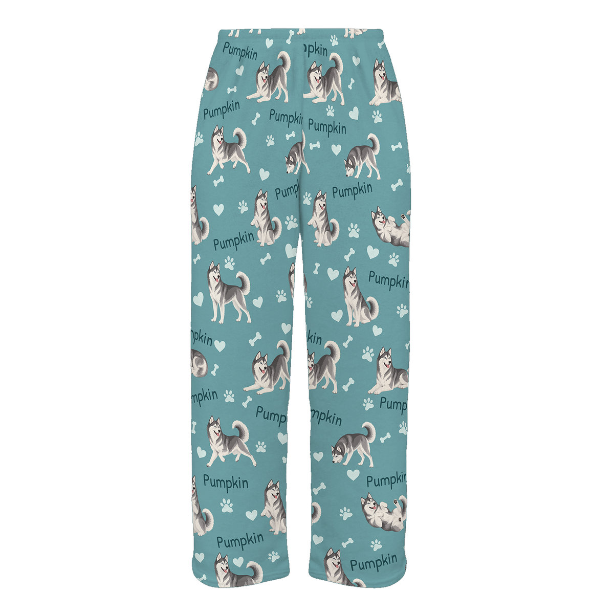 Personalized Siberian Husky Pajama Pants, Custom Pet Name Fleece Trousers, Dog Lover Gift — 01 Muted Teal — full-trouser view