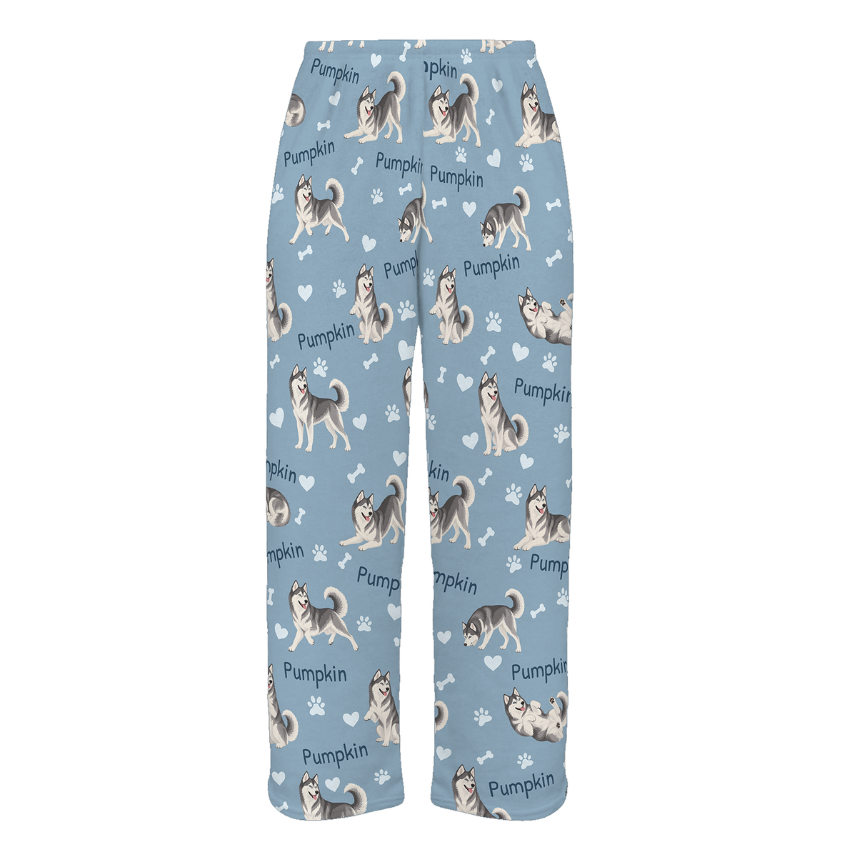 Personalized Siberian Husky Pajama Pants, Custom Pet Name Fleece Trousers, Dog Lover Gift — 02 Dusty Blue — full-trouser view