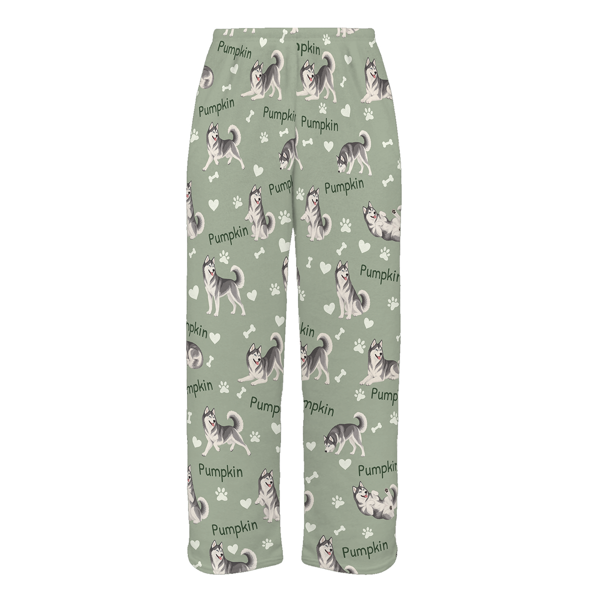 Personalized Siberian Husky Pajama Pants, Custom Pet Name Fleece Trousers, Dog Lover Gift — 03 Soft Sage — full-trouser view
