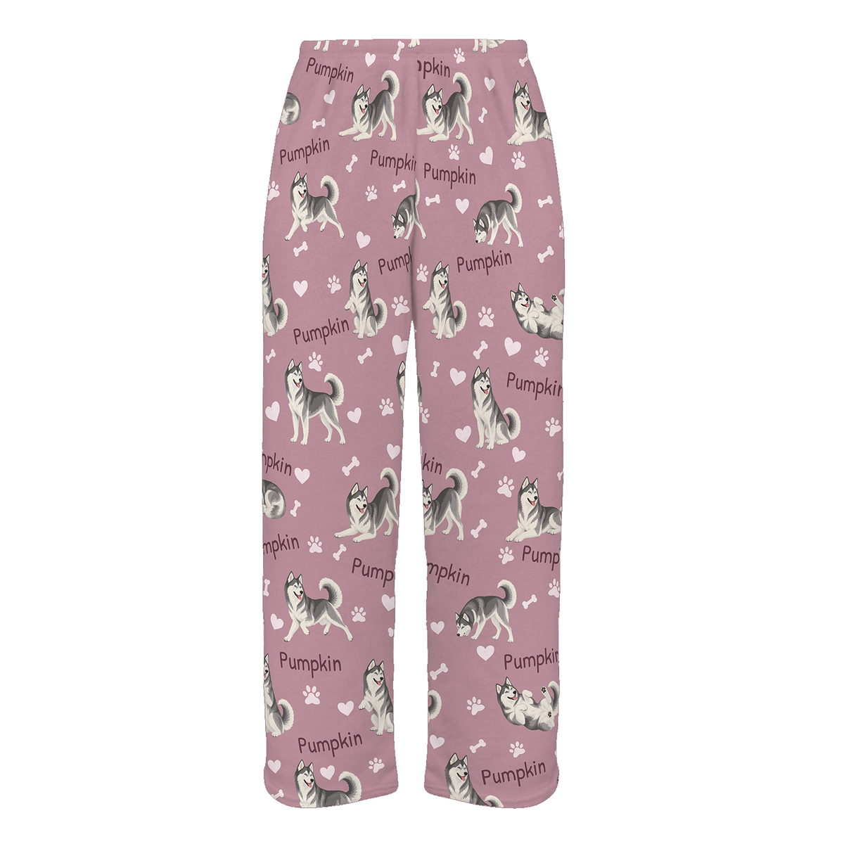 Personalized Siberian Husky Pajama Pants, Custom Pet Name Fleece Trousers, Dog Lover Gift — 04 Dusty Rose — full-trouser view