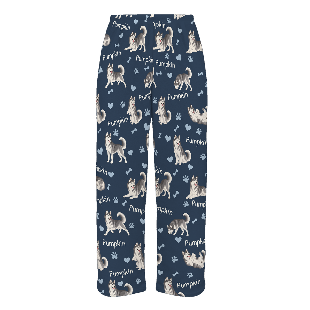 Personalized Siberian Husky Pajama Pants, Custom Pet Name Fleece Trousers, Dog Lover Gift — 05 Deep Navy — full-trouser view