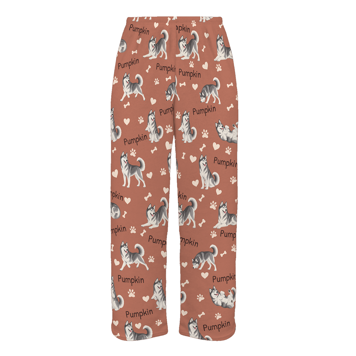 Personalized Siberian Husky Pajama Pants, Custom Pet Name Fleece Trousers, Dog Lover Gift — 06 Muted Terracotta — full-trouser view